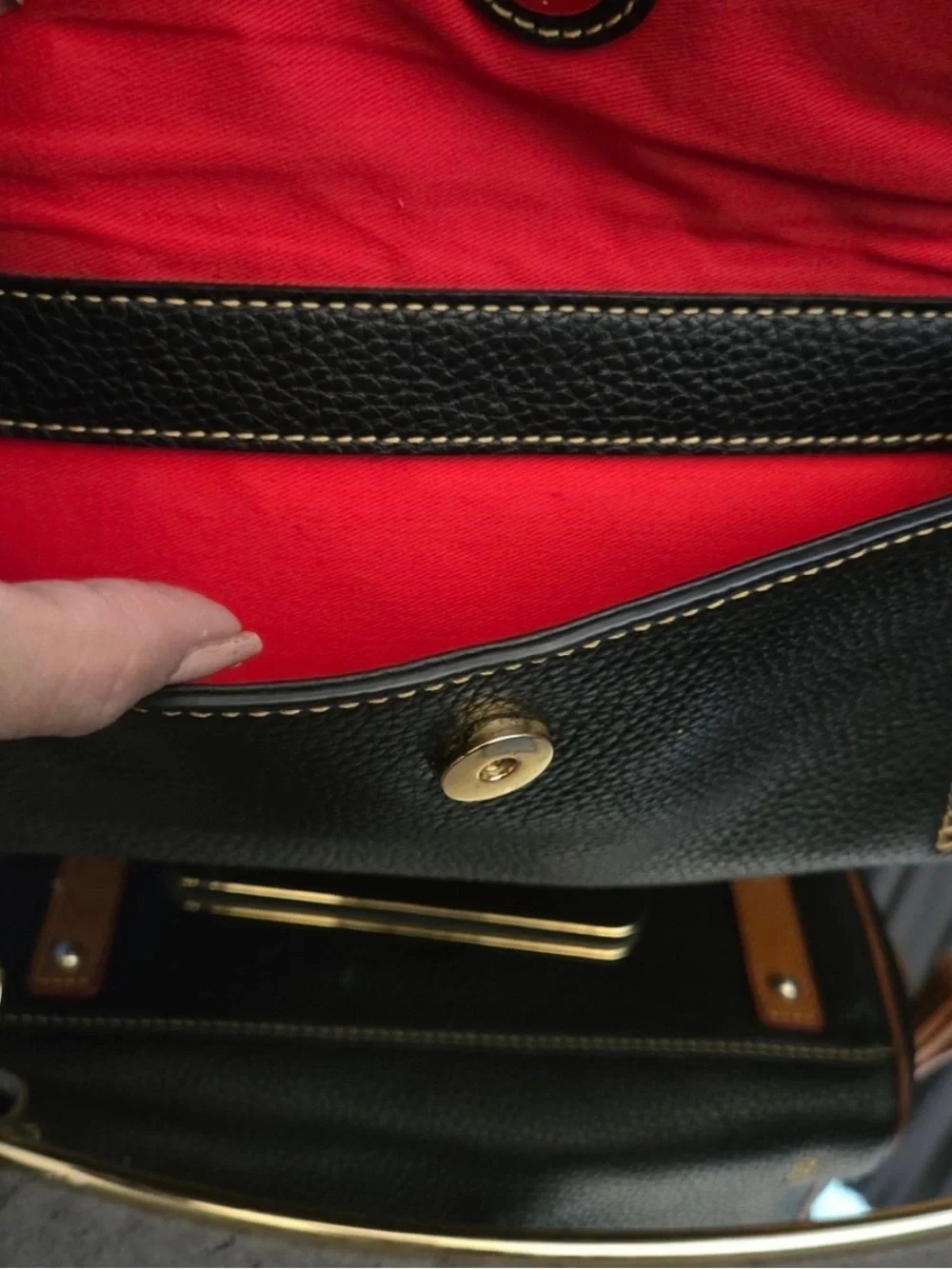 Dooney & Bourke Black Pebbled Leather Tote with Brown Trim